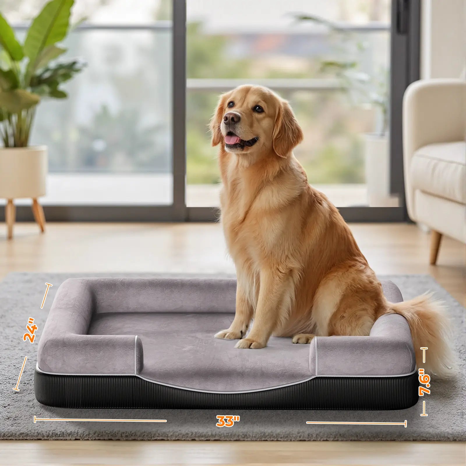 Flycity Large Orthopedic Dog Bed - Waterproof and Comfortable Pet Sofa with Washable Detachable Cover and Anti-Slip Bottom - Gray, 33 Inches (Approx. 83 cm)